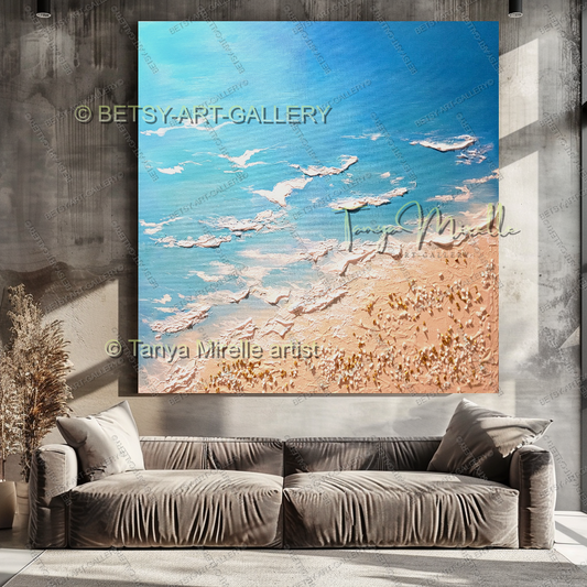 LARGE Modern Textured Wall Art - Seashore Acrylic Painting on Canvas for Bedroom and Living Room