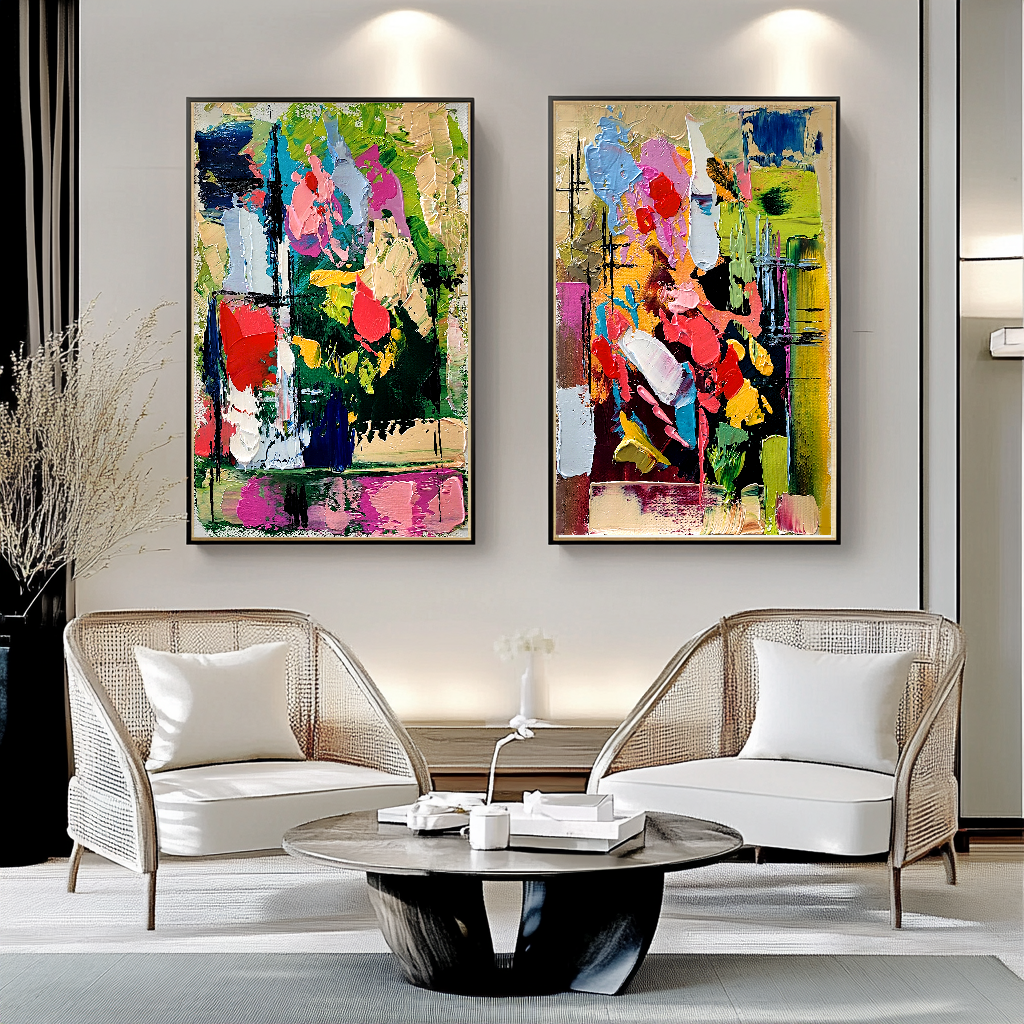 Colorful Abstract Art Composition, Vibrant Impasto Oil Painting on Canvas