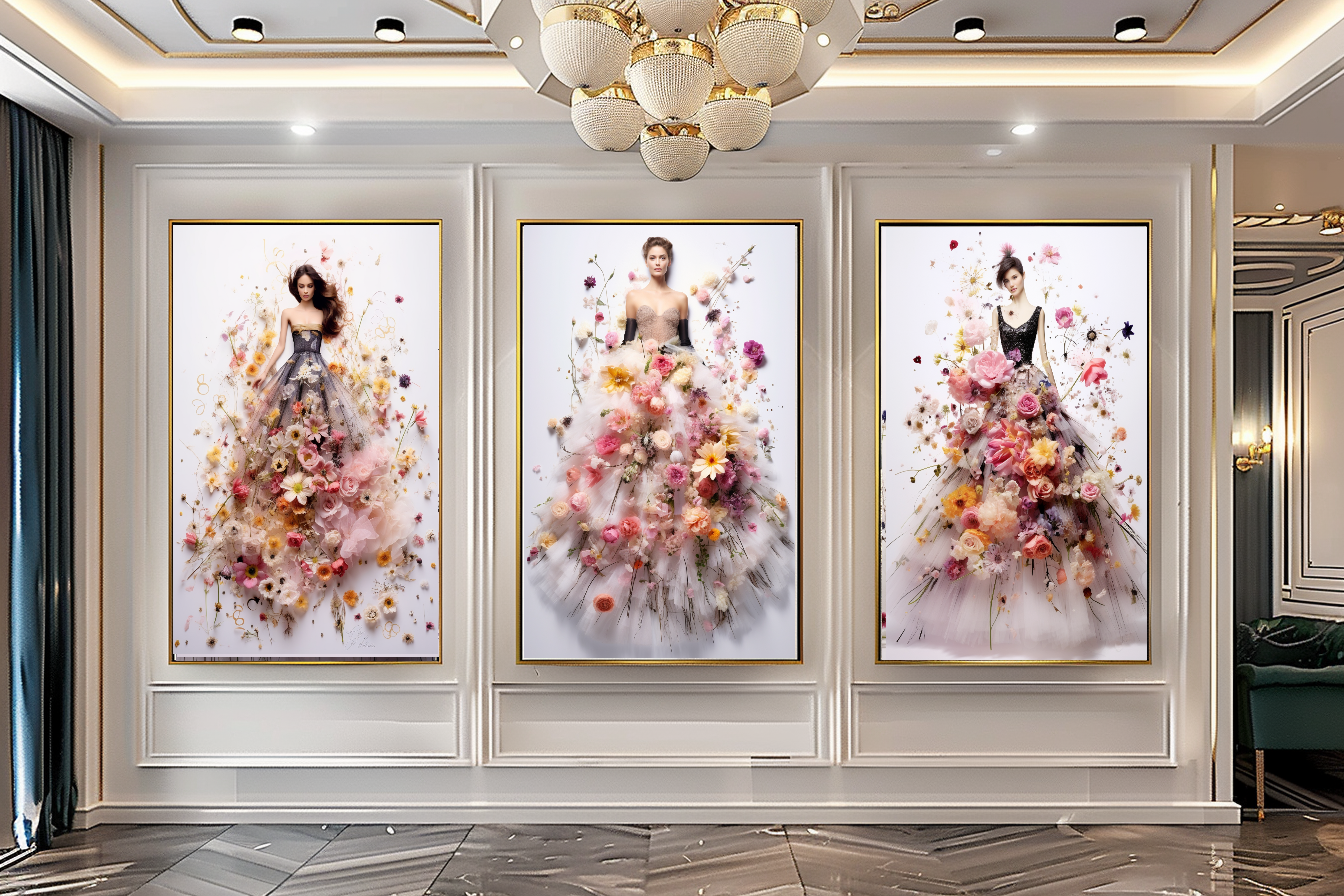 Elegant Perfume Floral Woman Art - Blooming Flowers Dress - Chic Home Decor