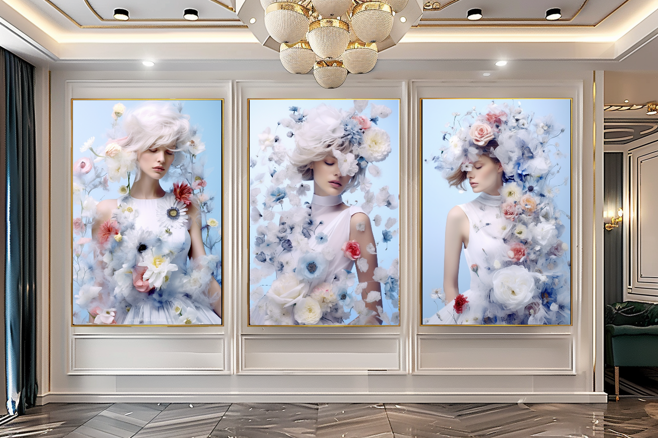 Blue Modern Grace - Floral Woman Canvas Art - Romantic Print on Canvas - Elegant Home Decor