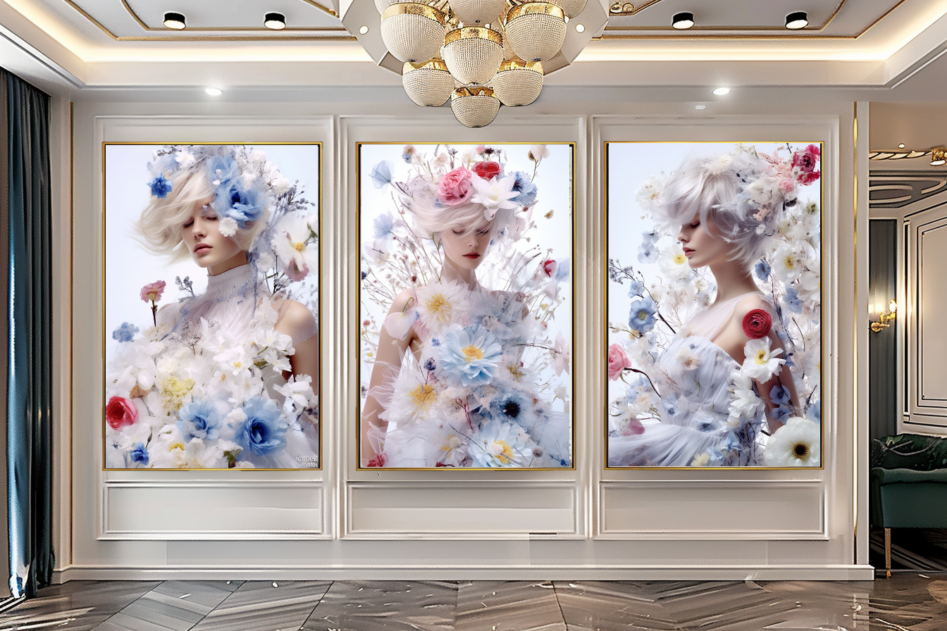 Blue Fashion Blooming Floral Woman Art - Romantic Print on Canvas - Elegant Home Decor