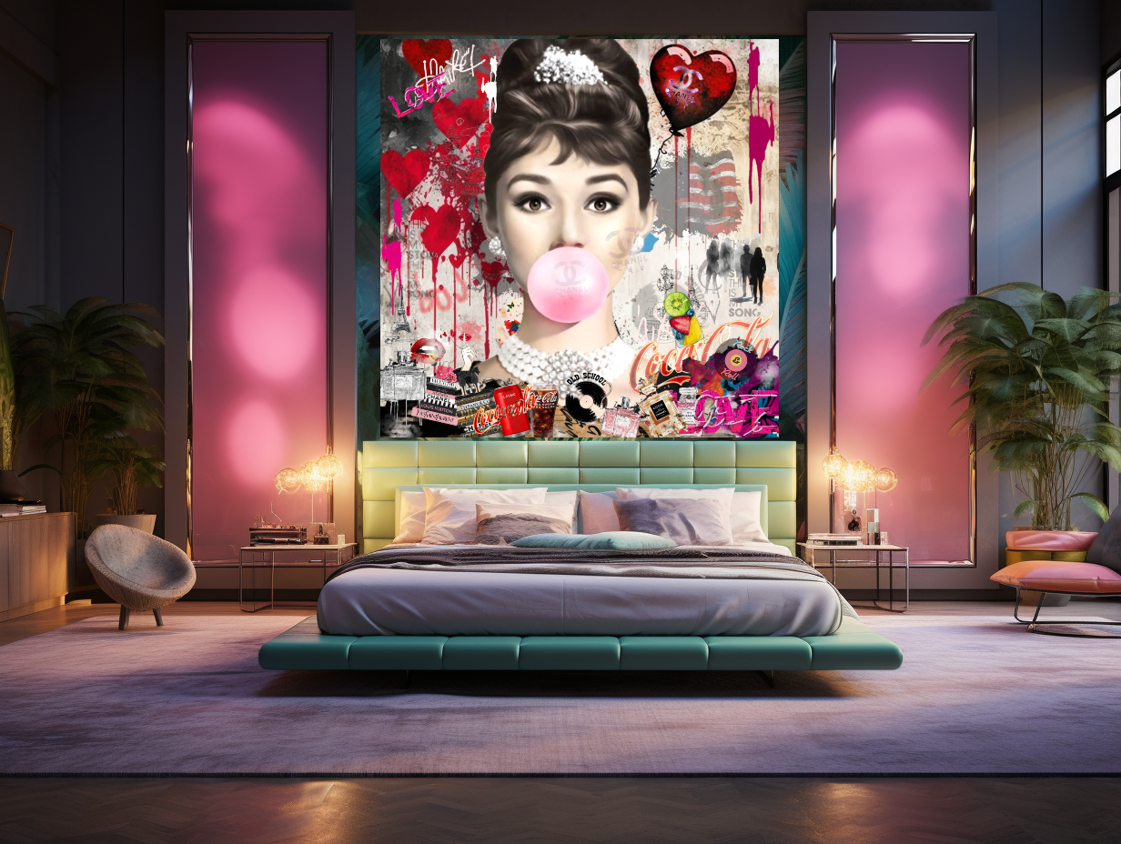 Marilyn Monroe, Audrey Hepburn, blowing Bubble Gum, Modern Pop Art Print on Canvas