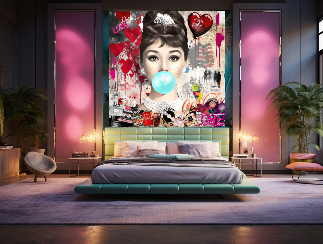 Marilyn Monroe, Audrey Hepburn, blowing Bubble Gum, Modern Pop Art Print on Canvas