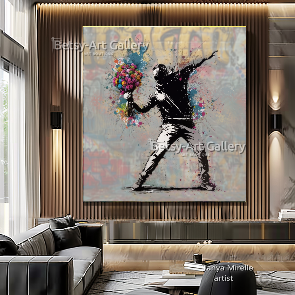 Banksy Flower Thrower Graffiti Art Print on Canvas {{ shop_name }}Prints art gift Banksy canvas canvas print canvas wall art flower thrower giclée prints graffiti print large canvas print large wall art Large Wall Art Decor Living Room Art modern art print pop art print print on canvas ready to hang canvas street art stretched canvas art urban decor wall art prints