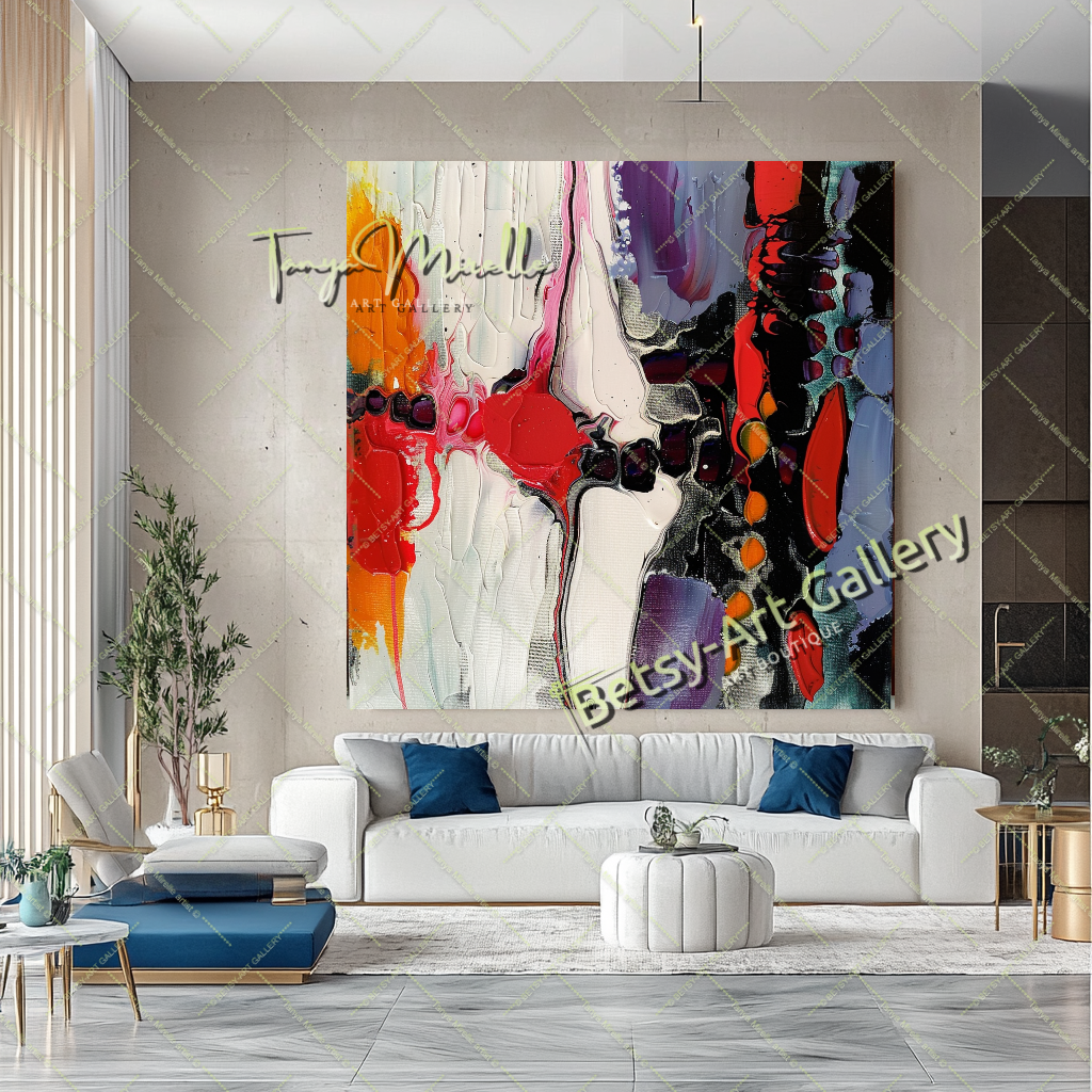 Vivid Red White Abstract Painting – Modern Wall Art #157
