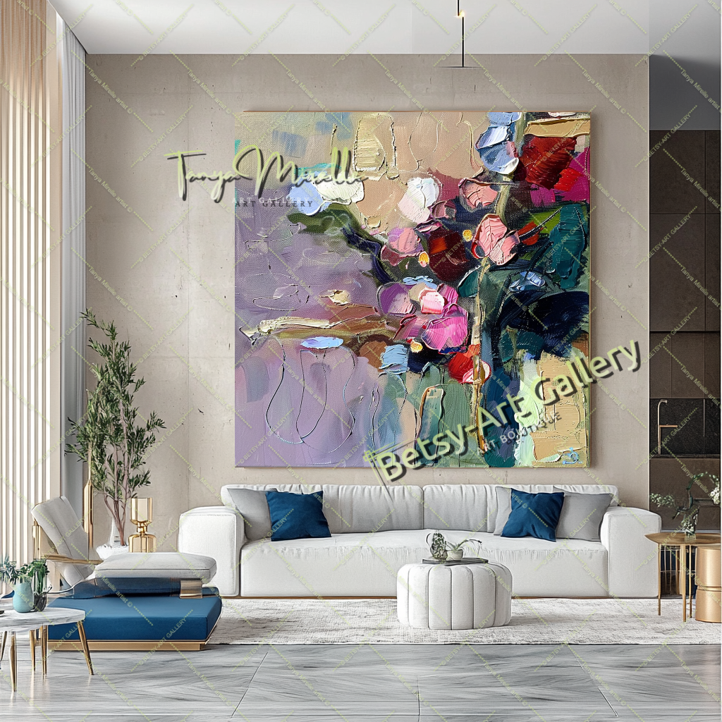 Purple Green Abstract Painting – Modern Floral Wall Art #158