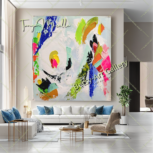 Grandes peintures abstraites pour le salon, peinture à l'huile impasto sur toile, art mural moderne coloré, peinture unique