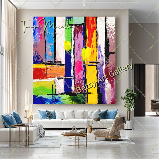 GRANDE peinture abstraite colorée en impasto, art sur toile, peinture murale moderne géométrique pour salon