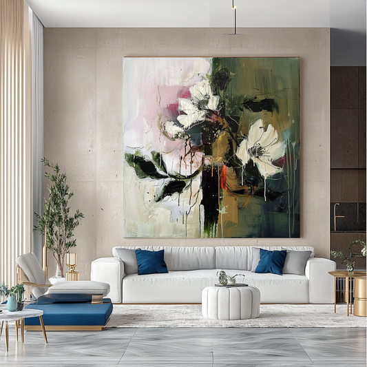 Large Abstract Floral Impasto Oil Painting on Canvas - Modern Colorful Wall Art
