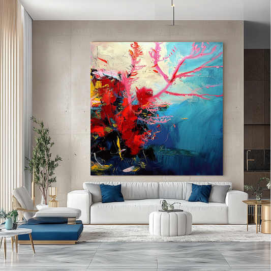 Red Coral Underwater Art, Abstract Impasto Oil Painting on Canvas - Colorful Modern Wall Art for Living room