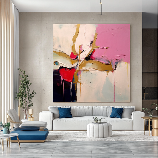 Pastel Pink Beige Abstract Art - Modern Impasto Oil Painting on Canvas for Living Room, Office, Hotel