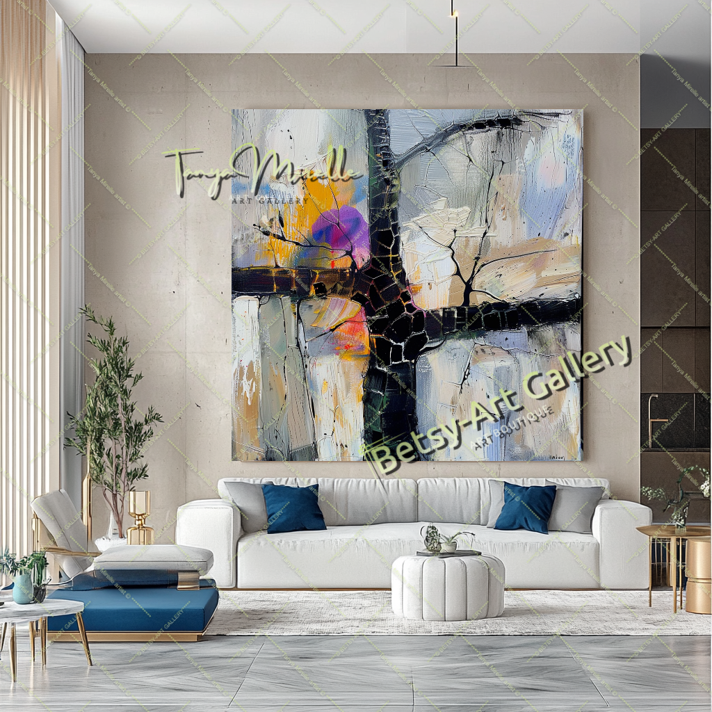 Abstract Tree Painting on Canvas – Large Modern Wall Art #143