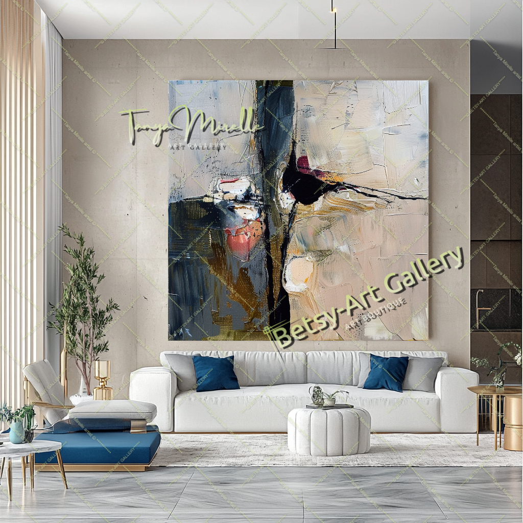 Gray Beige Abstract Painting – Large Modern Wall Art #144