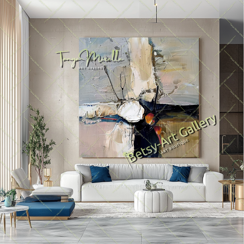Gray Beige Abstract Painting – Large Modern Wall Art #144