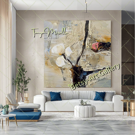 Gray Beige Abstract Painting – Large Modern Wall Art #144