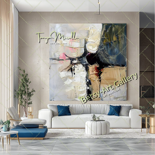 Gray Beige Abstract Painting – Large Modern Wall Art #145