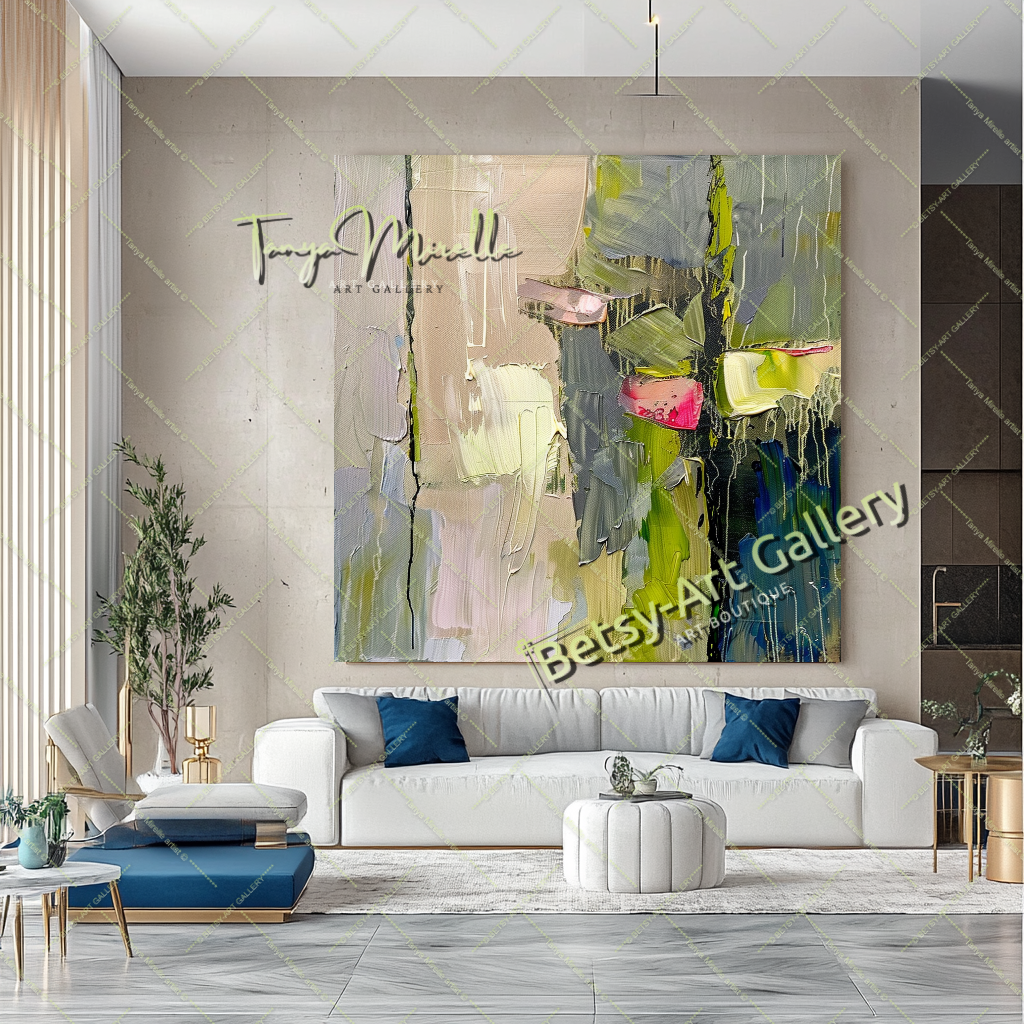 Green Beige Abstract Painting – Large Modern Wall Art #147