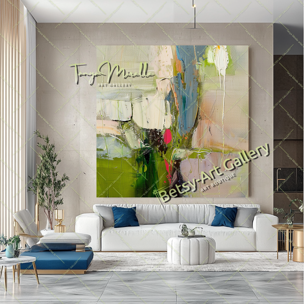 Green Beige Abstract Painting – Large Modern Wall Art #147