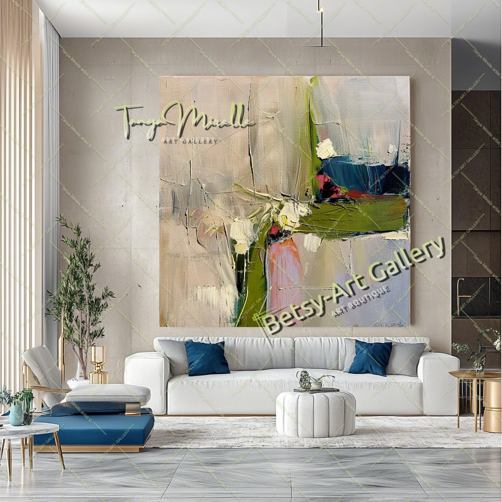 Green Beige Abstract Painting – Large Modern Wall Art #147