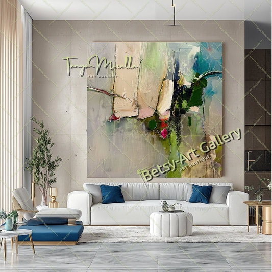Green Beige Abstract Painting – Large Modern Wall Art #147
