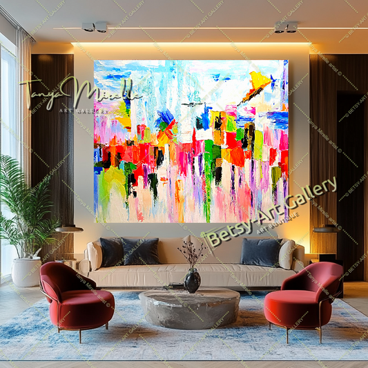 Grands tableaux abstraits pour salon, peinture à l'huile impasto sur toile, peinture unique