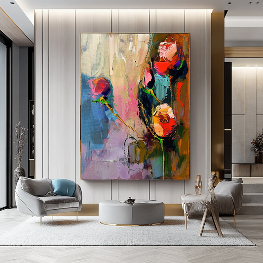 Floral Abstract Impasto Oil Painting on Canvas - Vibrant Modern Wall Art for Living room