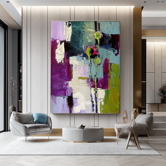 Abstract Floral Impasto Oil Painting on Canvas - Vibrant Modern Wall Art for Living room