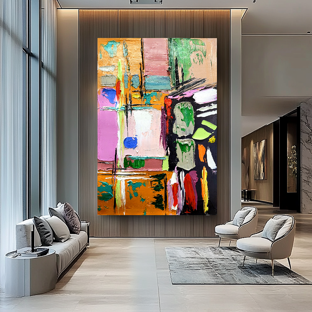 Colorful Abstract Art Composition, Vibrant Impasto Oil Painting on Canvas
