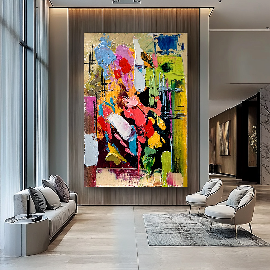 Colorful Abstract Art Composition, Vibrant Impasto Oil Painting on Canvas