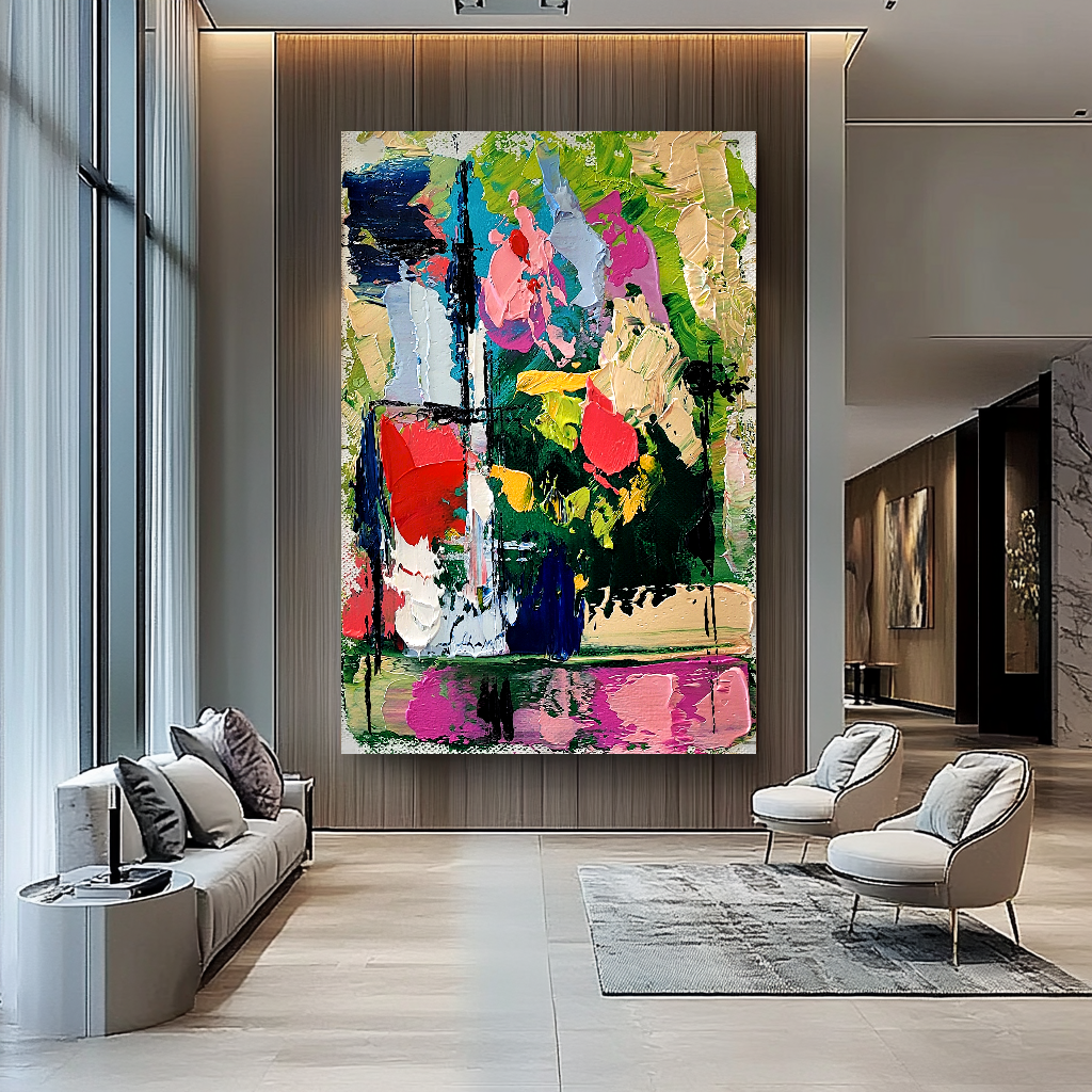 Colorful Abstract Art Composition, Vibrant Impasto Oil Painting on Canvas