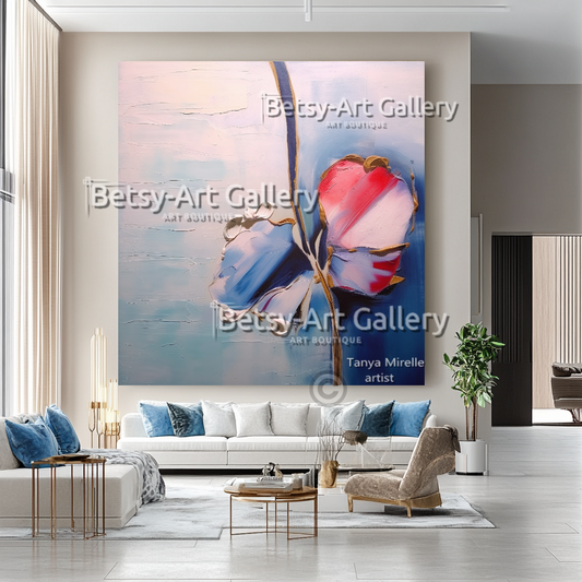 Minimalist Floral Oil Painting - Large Textured Abstract Wall Art #48