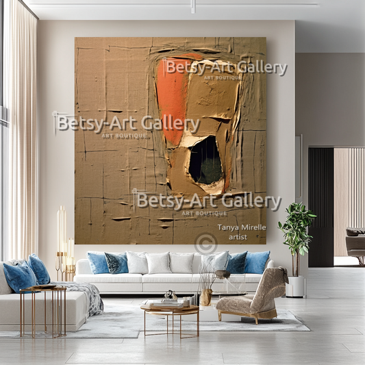 Terracotta Minimalist Oil Painting - Large Textured Abstract Wall Art #51