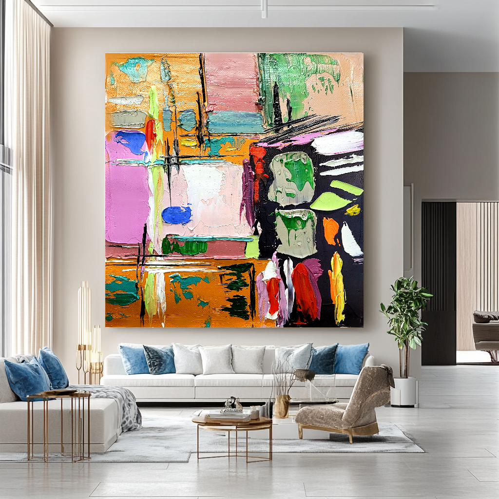 Colorful Abstract Art Composition, Vibrant Impasto Oil Painting on Canvas