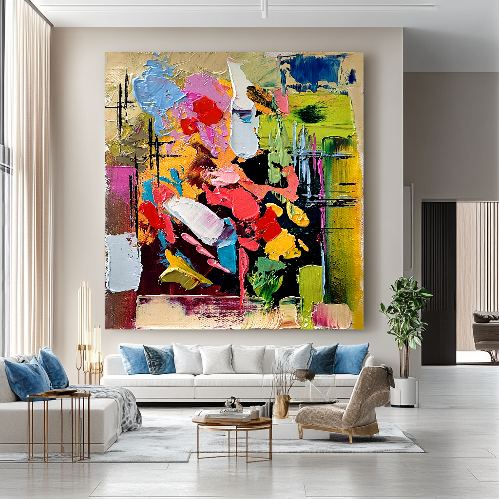 Colorful Abstract Art Composition, Vibrant Impasto Oil Painting on Canvas
