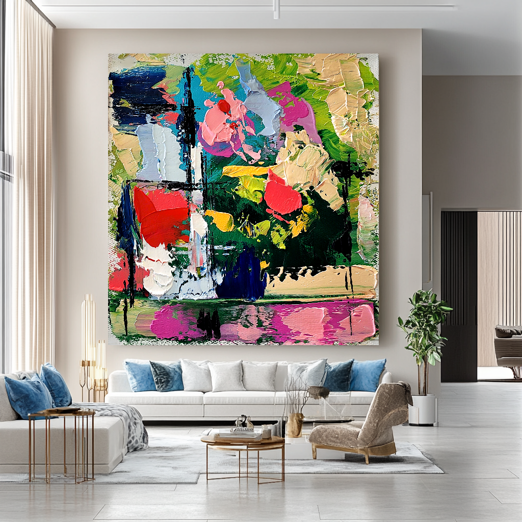 Colorful Abstract Art Composition, Vibrant Impasto Oil Painting on Canvas