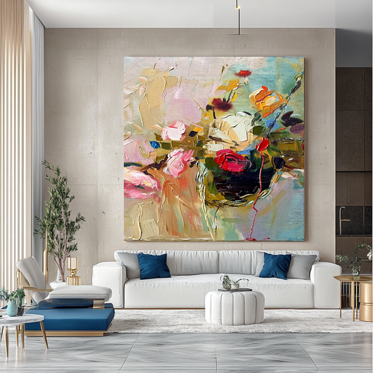 Bold Modern Floral Abstract Art - Impasto Oil Painting on Canvas - Colorful Wall Art for Contemporary Spaces