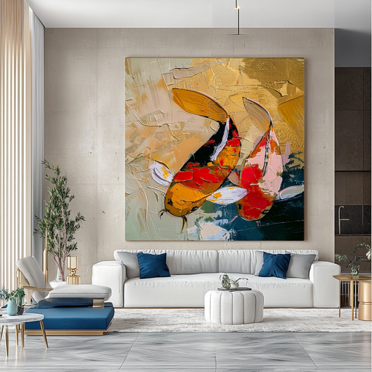 Unique Koi Fish Abstract Art - Modern Impasto Oil Painting on Canvas - Colorful Wall Art