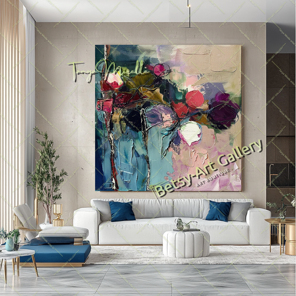 Purple Green Abstract Painting – Modern Floral Wall Art #159