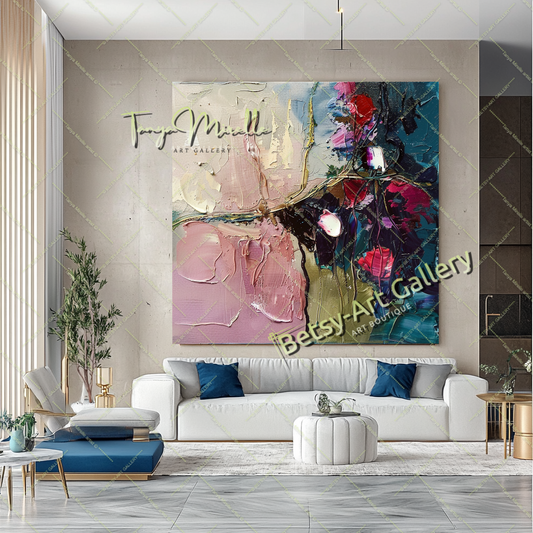 Purple Green Abstract Painting – Modern Floral Wall Art #159