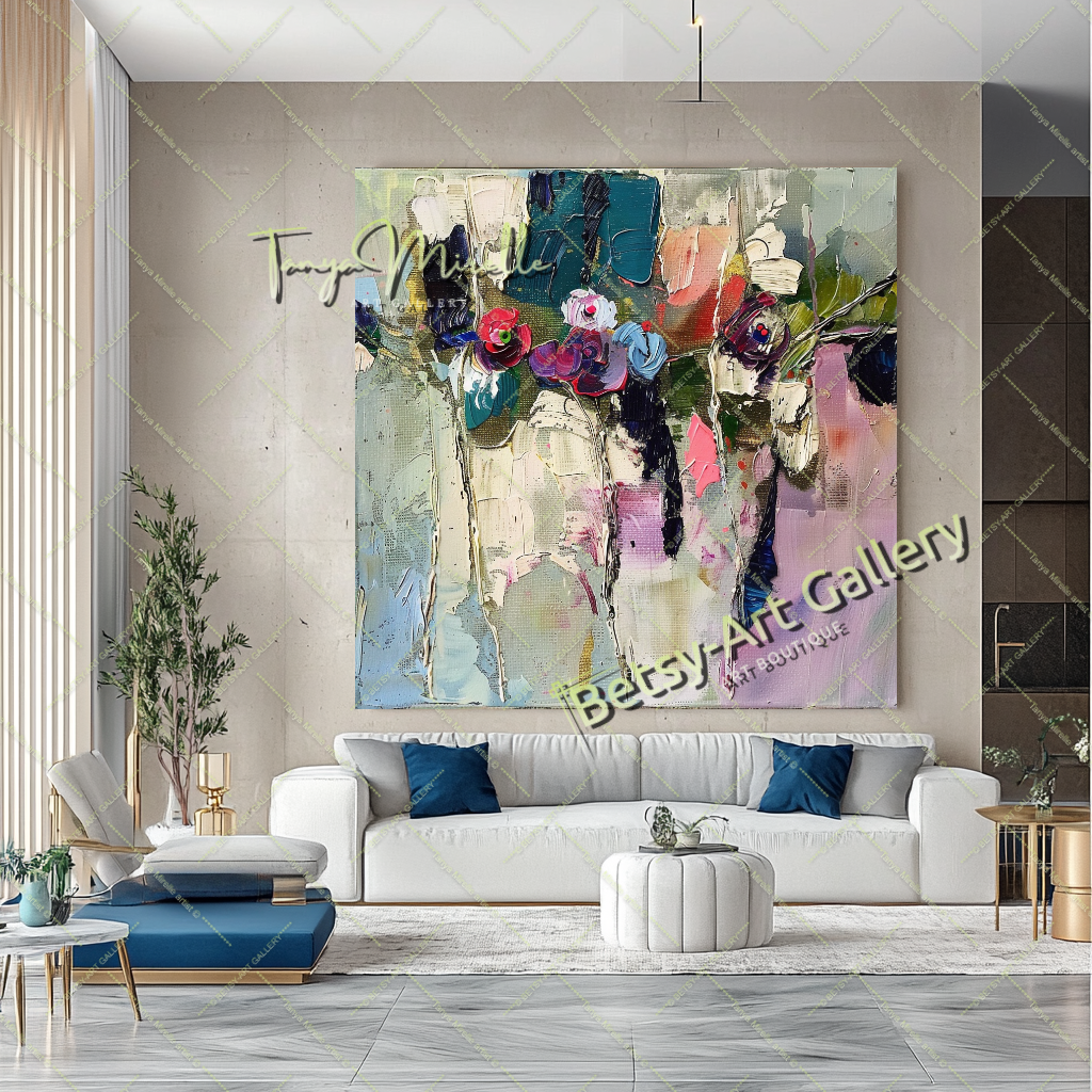 Purple Green Abstract Painting – Modern Floral Wall Art #159