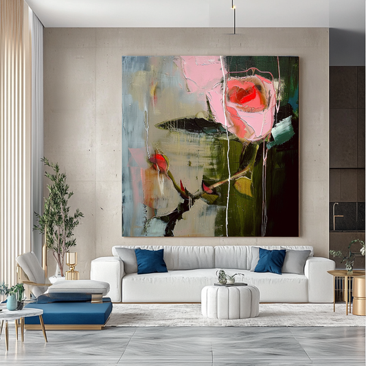 Original Rose Painting, Abstract Impasto Oil Painting on Canvas - Vibrant Modern Wall Art for Living room