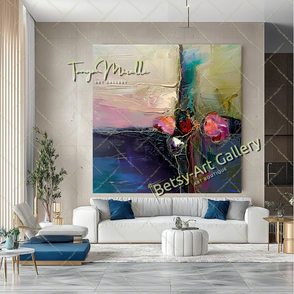 Purple Green Abstract Painting – Modern Floral Wall Art #159