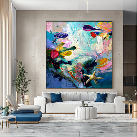 Abstract Ocean-Inspired Impasto Oil Painting - Starfish and Coral Coastal Art for Contemporary Spaces