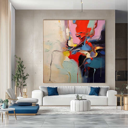 Unique Blue Red Abstract Art - Modern Impasto Oil Painting on Canvas for Living Room, Office, Hotel