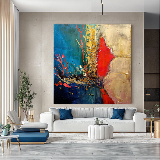 Abstract Red Coral Art, Underwater Impasto Oil Painting on Canvas - Colorful Modern Wall Art for Living room