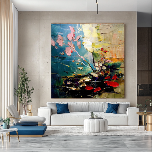 Abstract Red Coral Art, Underwater Impasto Oil Painting on Canvas - Colorful Modern Wall Art for Living room