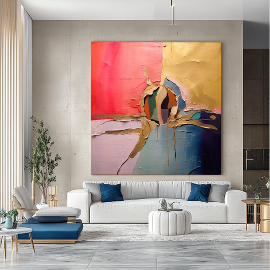 Gold Blue Abstract Art - Modern Impasto Oil Painting on Canvas for Living Room, Office, Hotel
