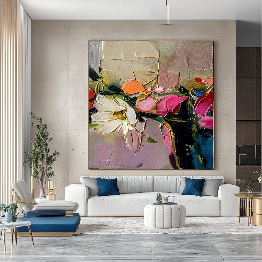 Abstract Floral Impasto Oil Painting on Canvas - Colorful Modern Wall Art for Contemporary Spaces