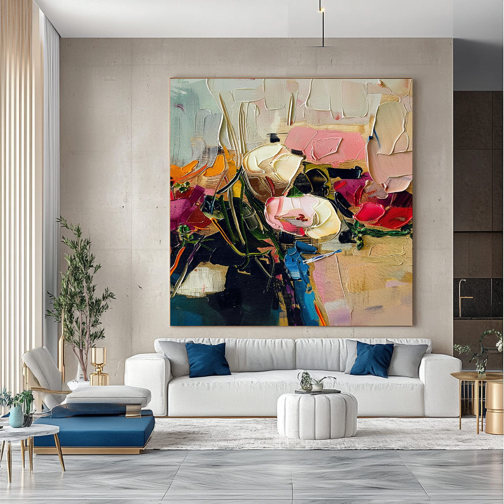 Abstract Floral Impasto Oil Painting on Canvas - Colorful Modern Wall Art for Contemporary Spaces