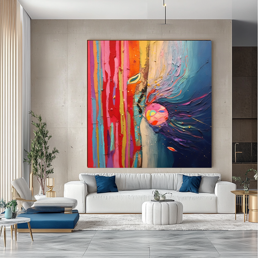 Blue Red Abstract Art - Modern Impasto Oil Painting on Canvas for Living Room, Office, Hotel